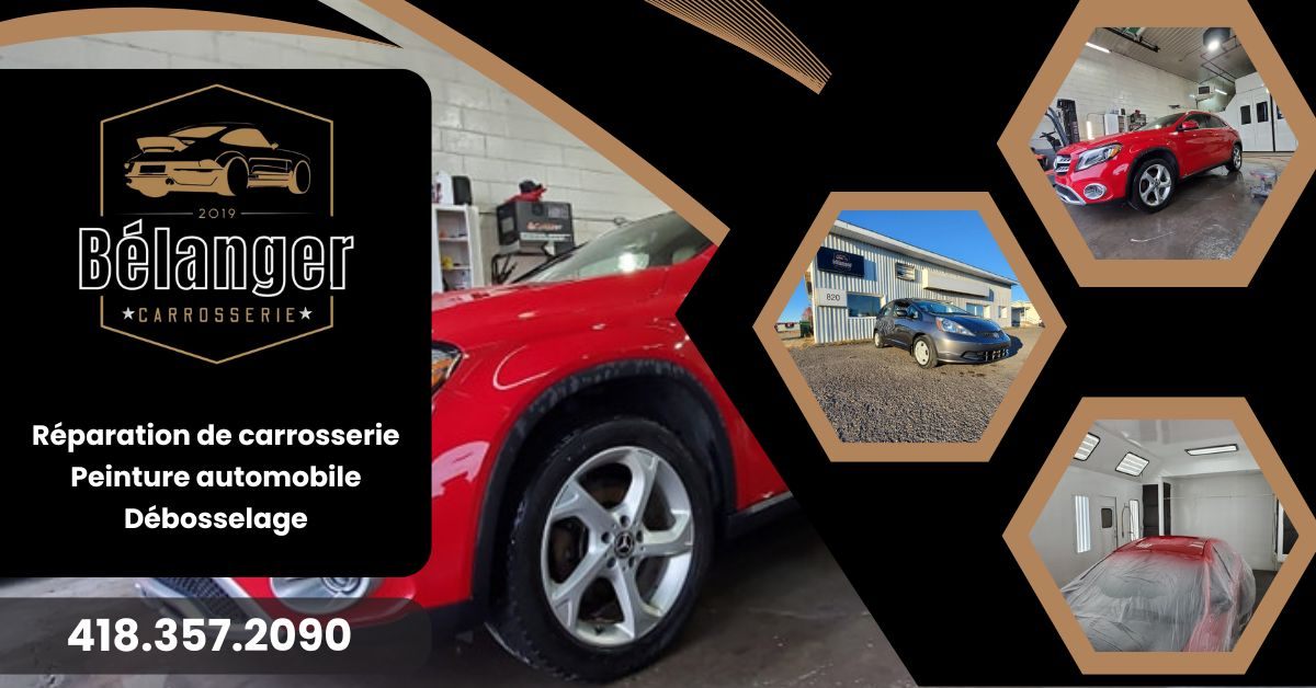 Carrossier ponçant un panneau de carrosserie dans un atelier à Montmagny