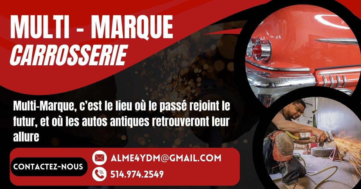 Carrossier ponçant un panneau de carrosserie dans un atelier à Repentigny