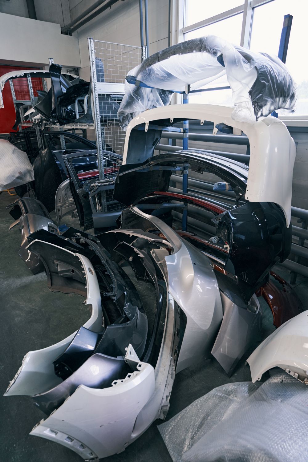 Panneaux et pare‑chocs en attente de réparation dans un atelier de carrosserie à Sainte-Julienne